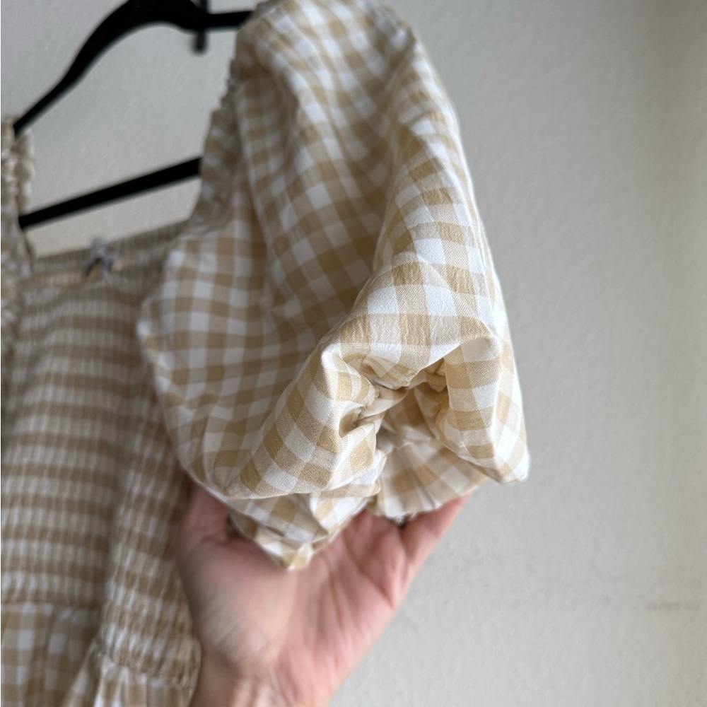 Petal & Pup Beige Gingham puffy sleeve Midi Dress - Picture 4 of 6